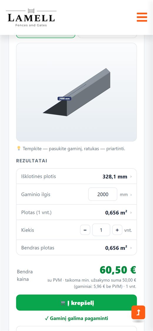 Lamell calculator on a phone: 3D view, developed width, price and add-to-cart button
