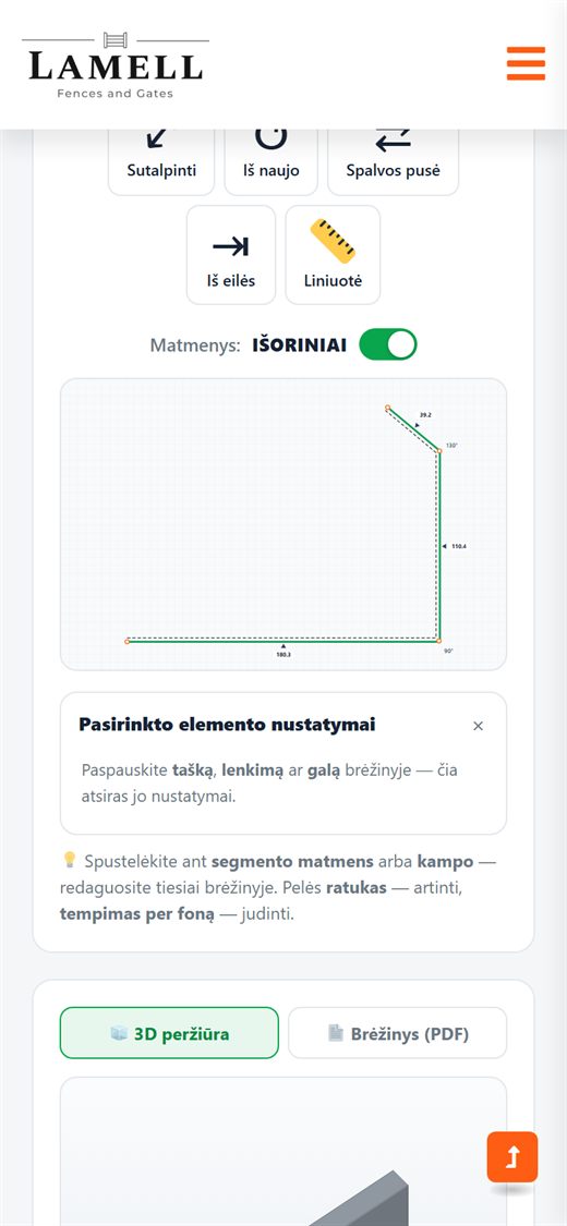 Lamell calculator on a phone: profile drawing with dimensions and angles